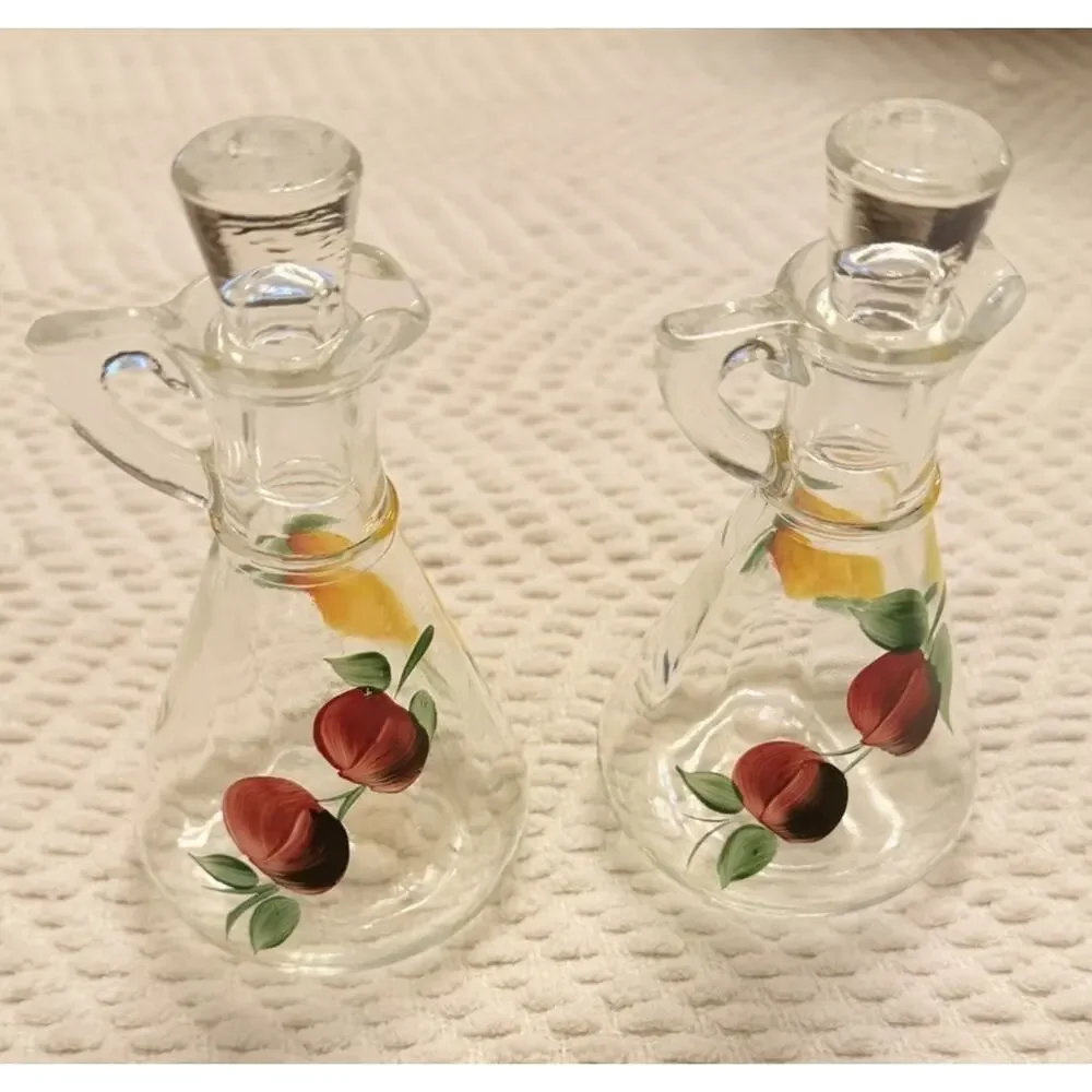 Vintage Set HAZEL ATLAS Cruets Oil & Vinegar Fruit Motif 3661/66